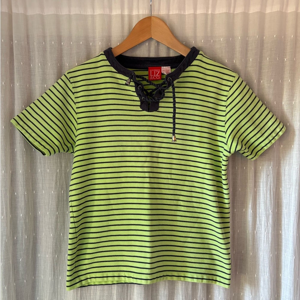 Vintage 90s Liz Claiborne LIZ & Co Lime Green Striped Lace Up Baby Tee Y2K